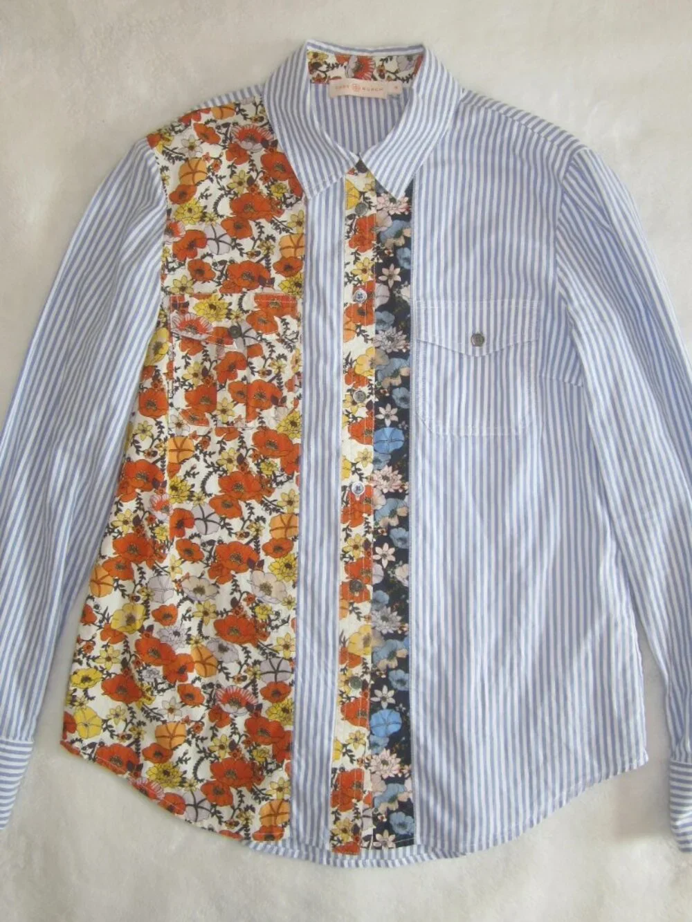 TORY BURCH Striped Button Up Shirt Floral Front Panel Women's 10